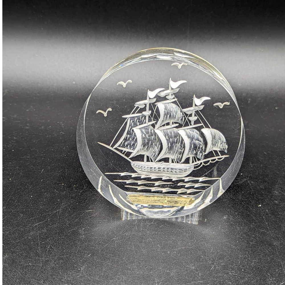Vintage Clear Lucite Sail Boat Paperweight Original Sticker Patent Number